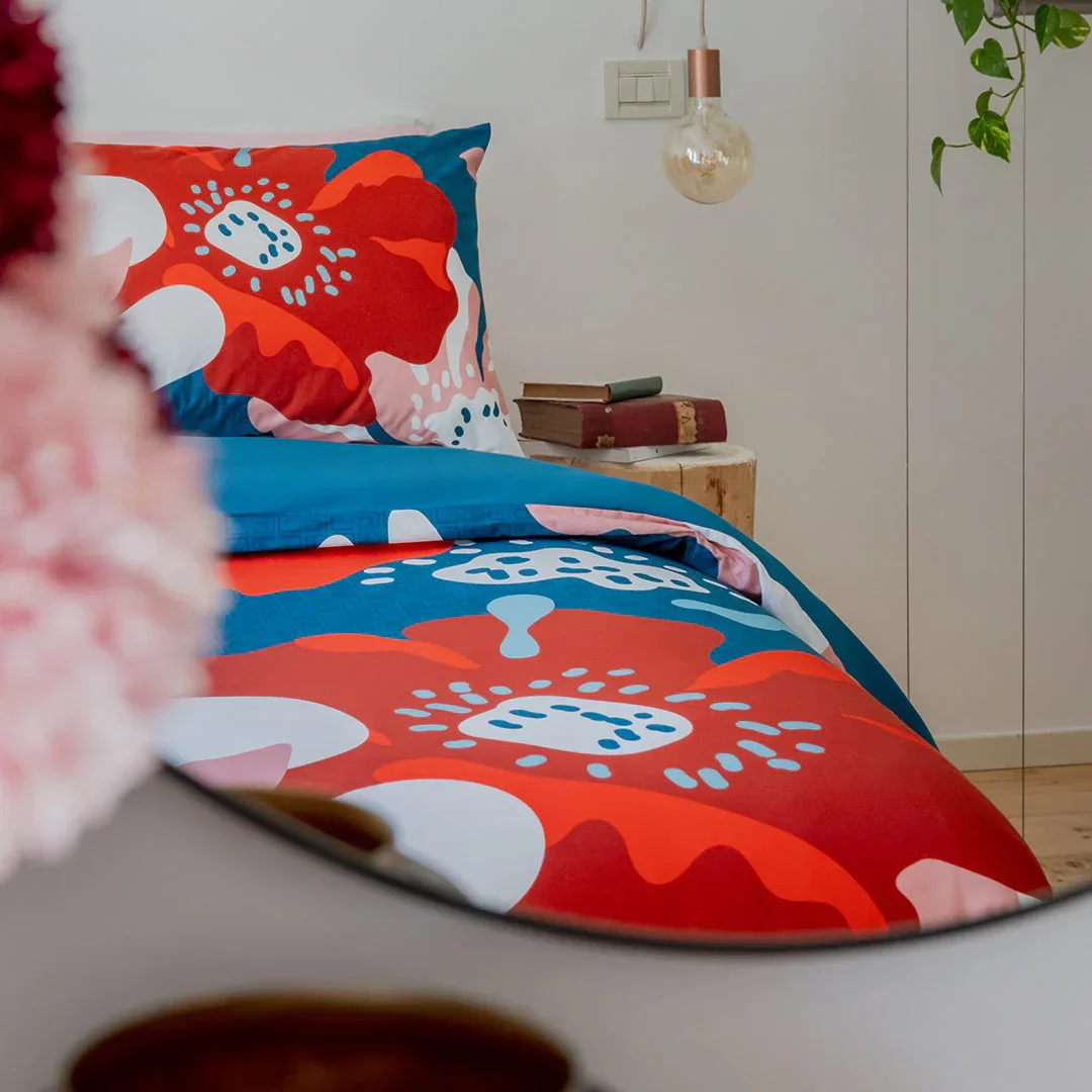 Parure Copripiumino Matrimoniale in Cotone con Stampa Digitale - Fantasia Saturn Poppie Ottanio - Image 5